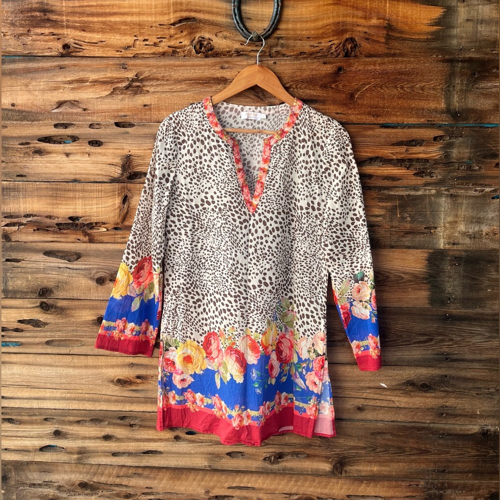 JOHNNY WAS | Oksana Animal Swim Cover Up Tunic Long Sleeves XS